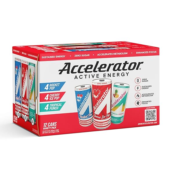 ACCELERATOR ENERGY DRINK, VARIETY PACK 12OZ CAN (12 PACK), ZERO SUGAR, SUSTAINED ENERGY FROM 100% NATURAL CAFFEINE (200MG FROM GREEN COFFEE BEAN & GREEN TEA EXTRACT)