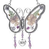 Laraine Butterfly Suncatcher with Pressed Colourful Flower Wings Mother's Day Butterfly Glass Wind Chime Ornament Charm with Metal Heart Gifts for Mom Grandma Birthday (Yellow Mom)