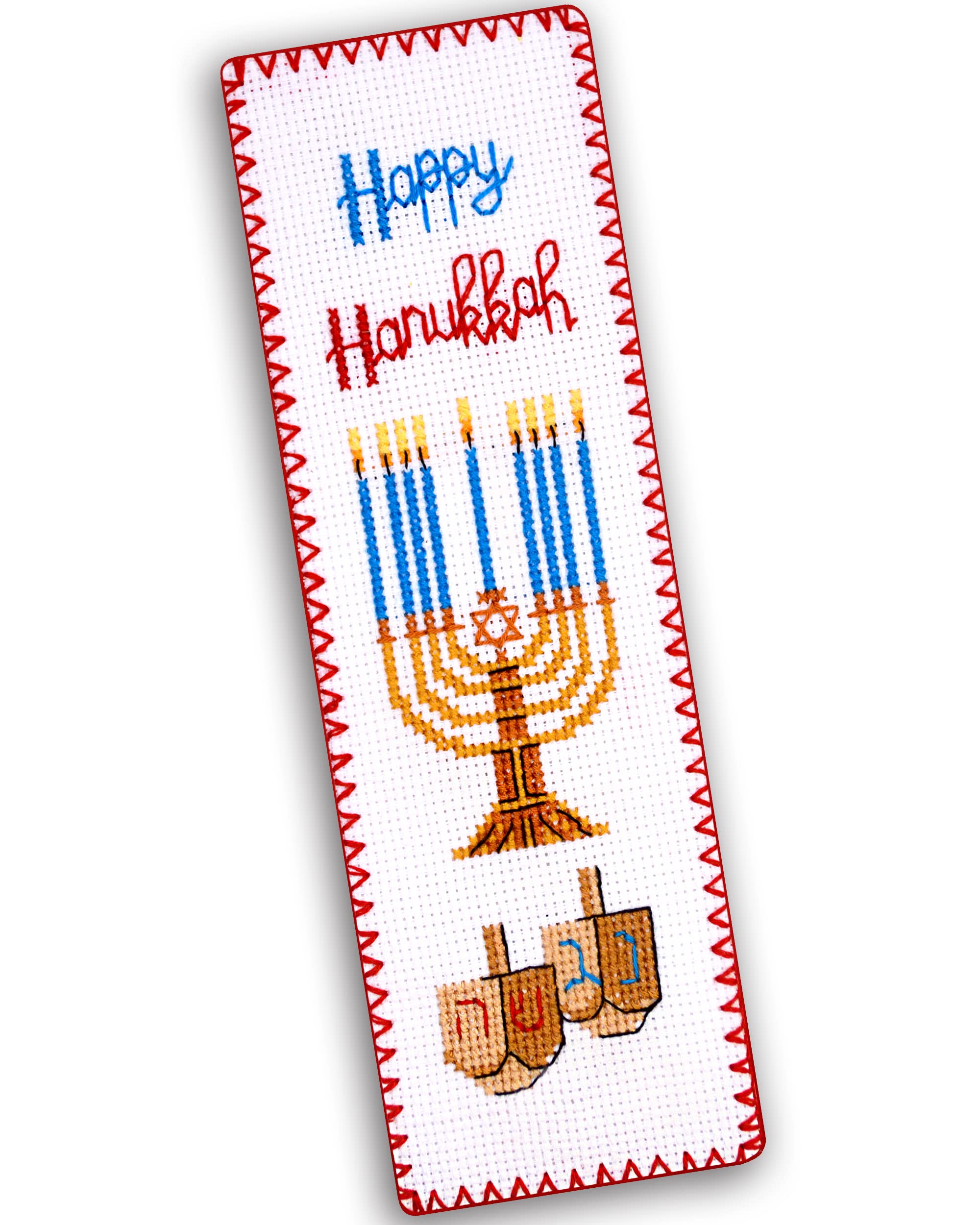 Povitrulya Counted Cross Stitch Kit 'Happy Hanukkah' - DIY Embroidery Book Marker Set for Adults with Paper Pattern, 16 Count Aida Canvas and Presorted Floss