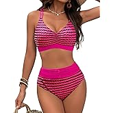 Blooming Jelly Womens High Waisted Bikini Sets Striped Tummy Control Swimsuits Color Block Two Piece Bathing Suit