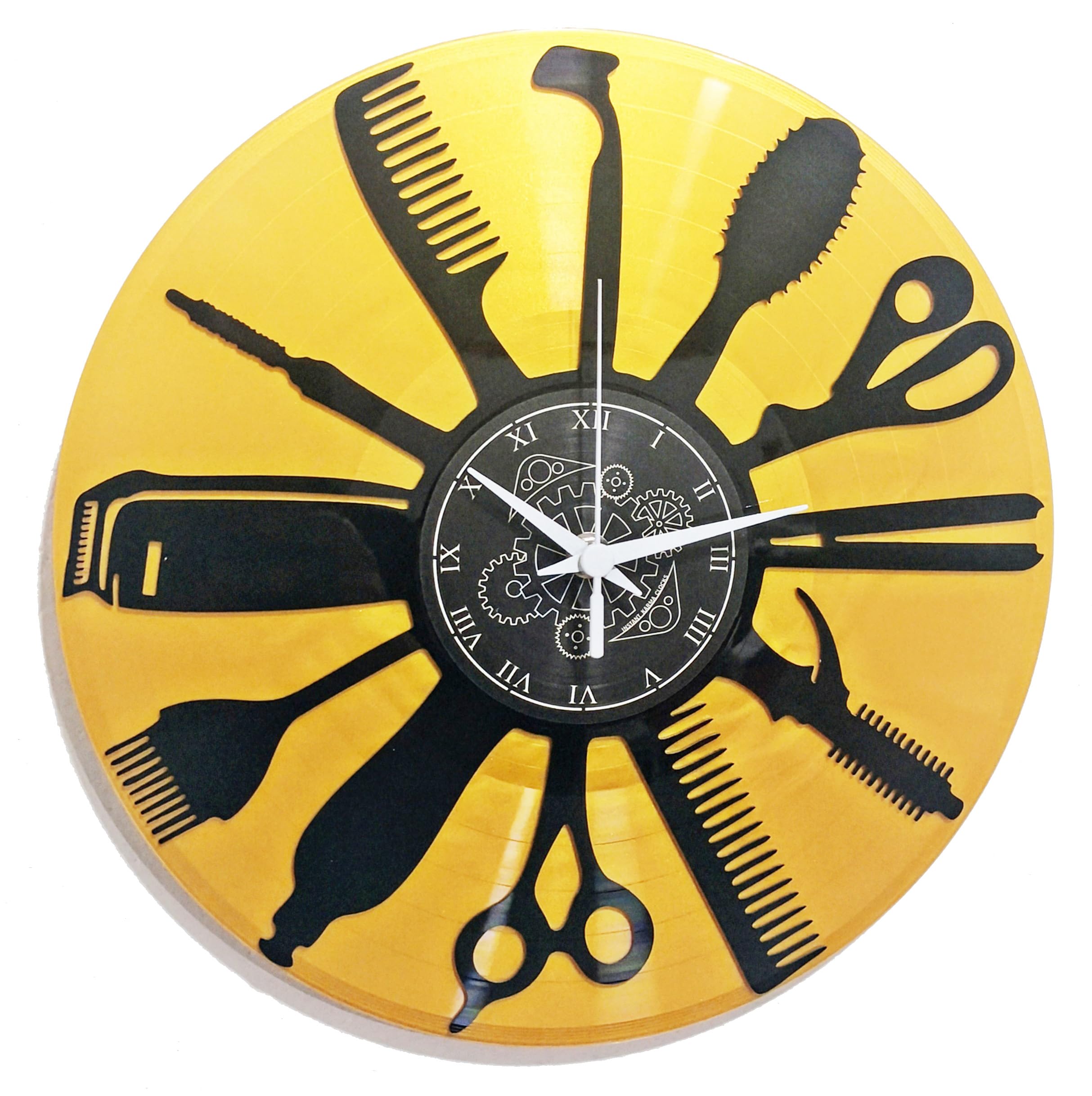 Instant Karma Clocks | Wall Clock | Barber Shop | Hair Salon | Hairdresser Stylist (Black And Gold B5)