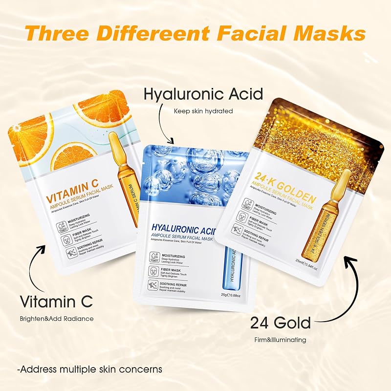 15 Stück Gesichtsmaske Geschenkset Frauen,Hydrat Gesichtsmasken Set,Face Mask mit Hyaluronsäure, Vitamin C, 24 Karat Gold,Geschenk für Mutter und Freundin,Erfüllen Sie verschiedene Hautbedürfnisse