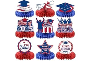 Yisong 9 Pieces 2025 Graduation Party Table Decorations Class of 2025 Congrats Graduation Centerpieces for Tables Congratulate Honeycomb Centerpiece Topper for Grad Party Supplies(Blue, Red)