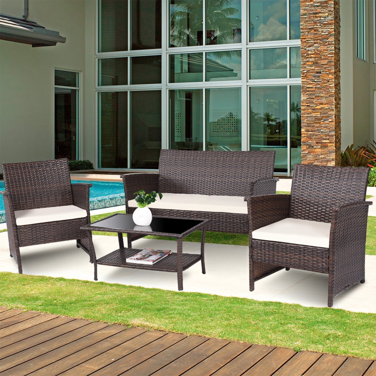 Tangkula Outdoor Patio Furniture 4 Piece Cushioned Sofa and Coffee