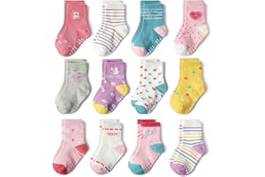 SkiBeaut Baby Toddlers Girls Socks, 12 Pairs Non Slip Kids Grips Toddler Grippy Girl House Socks with Grippers for 0-7 Years