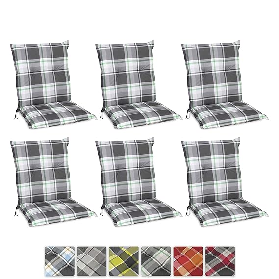 Beautissu 6er Set Sunny MK Niedriglehner Auflagen Set für Gartenstühle 100x50 cm in Mintgrün Kariert - Bequeme Gartenstuhl St
