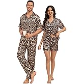 SWOMOG Matching Pajamas for Couples Satin Short Sleeve Sleepwear Women/Men Silk Soft Button Down Nightwear 2 Pcs Loungewear