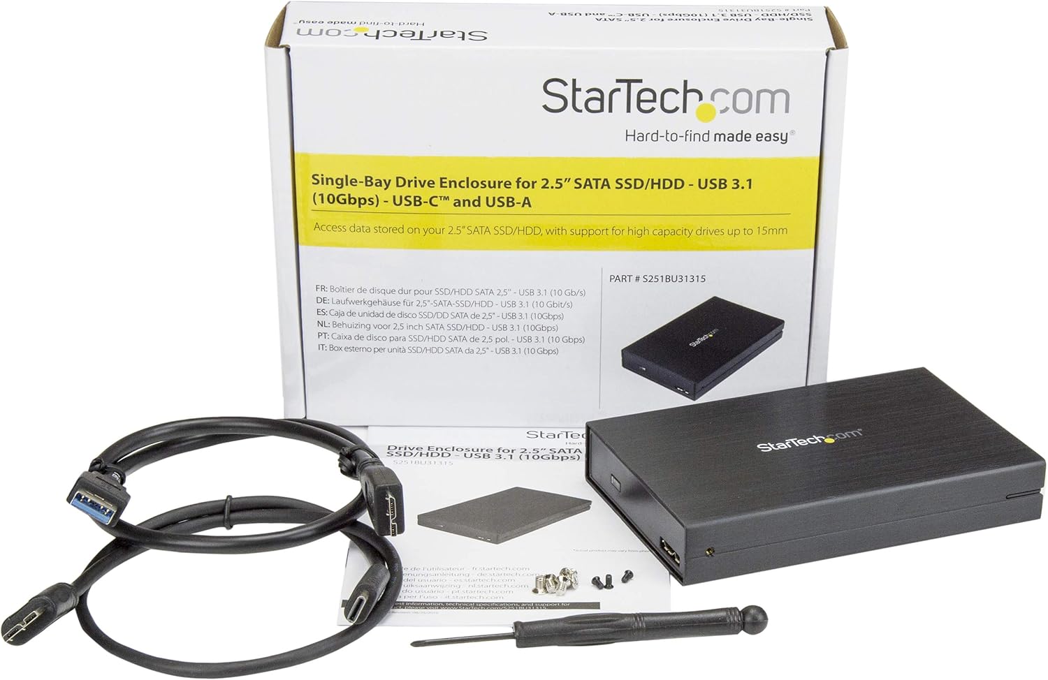 StarTech 2.5" SATA USB 3.1 Gen 2 Hard Drive Enclosure - w/ USB Type C and Type A Cables - USB 3.0 backwards compatible (S251BU31315): Computers & Accessories