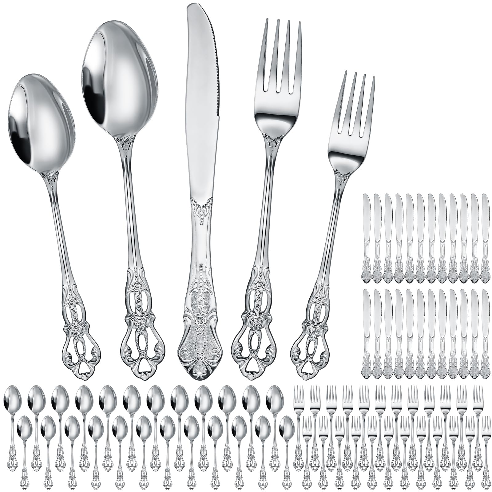 Photo 1 of Dandat 120 Pcs Retro Royal Silverware Set Stainless Steel Flatware Tableware Cutlery Utensils Set Including Fork Spoon and Knife for Kitchen Restaurant Home Wedding Birthday Party Favor (Silver)