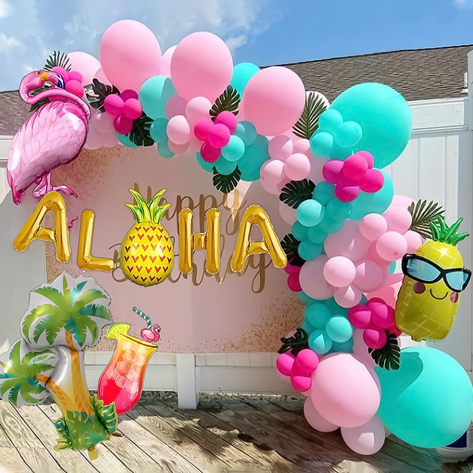 Latocos 110Pcs Hawaiian Aloha Balloon Garland Arch Kit Luau Decorations with Tropical Palm Leaves Flamingo Pineapple Juice Palm Tree Gold Aloha Party Decor Supplies
