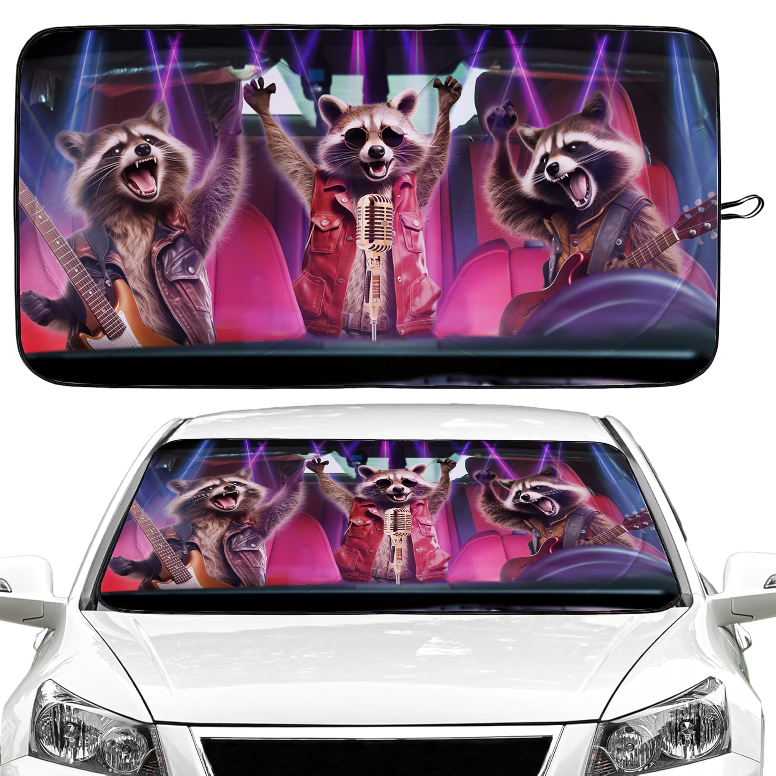 Photo 1 of Funny Raccoon Car Windshield Sun Shade Foldable Sunshade Front Window Cover Sun Visor Protector Accessories for SUV (59x27.5 inches)