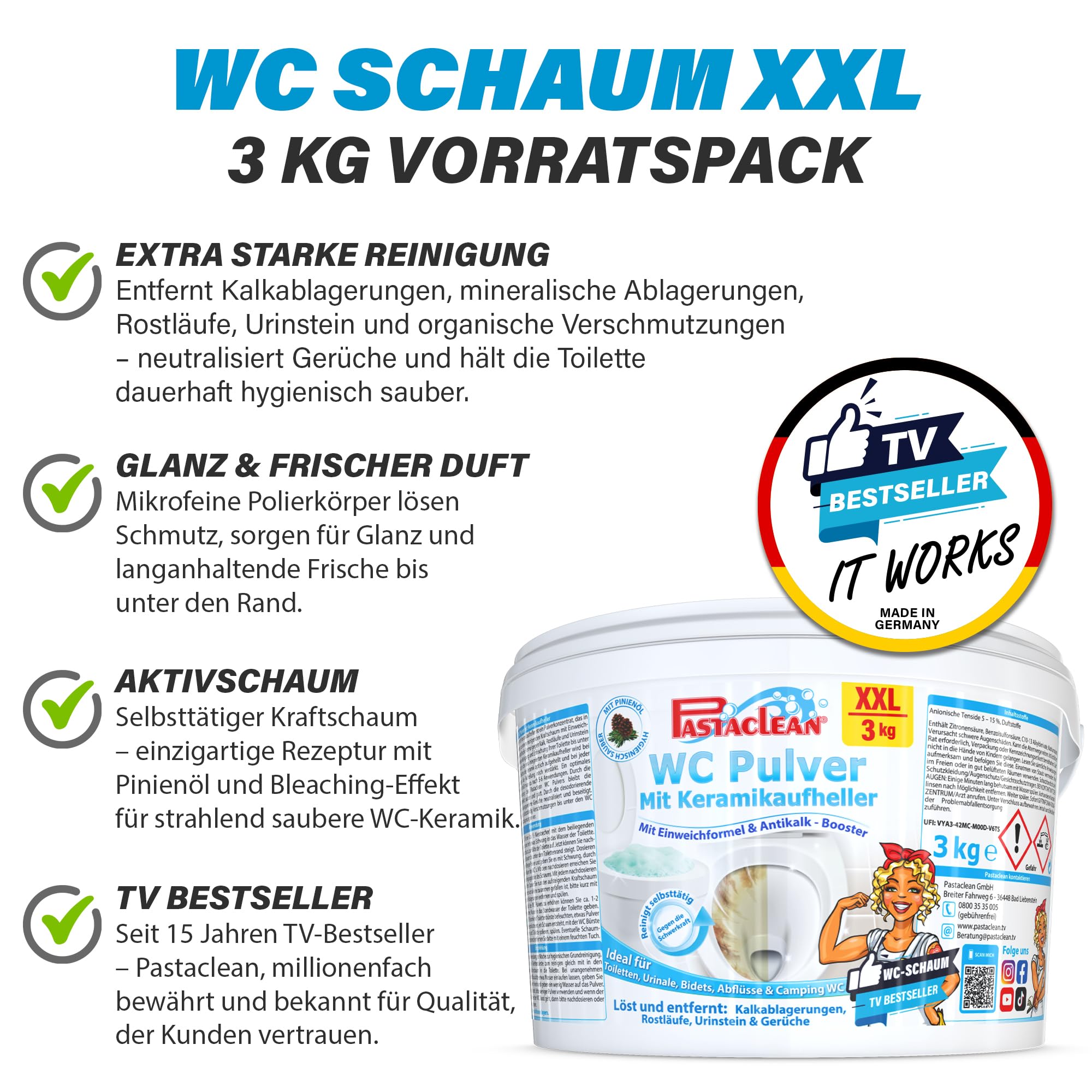 Pastaclean WC Pulver XXL 3 kg – Extra starker WC-Reiniger & Urinsteinentferner mit Pinienöl – Keramikaufheller & Bleaching-Effekt – Kalkreiniger & WC-Schaum gegen Urinstein, Kalk & Ablagerungen 2
