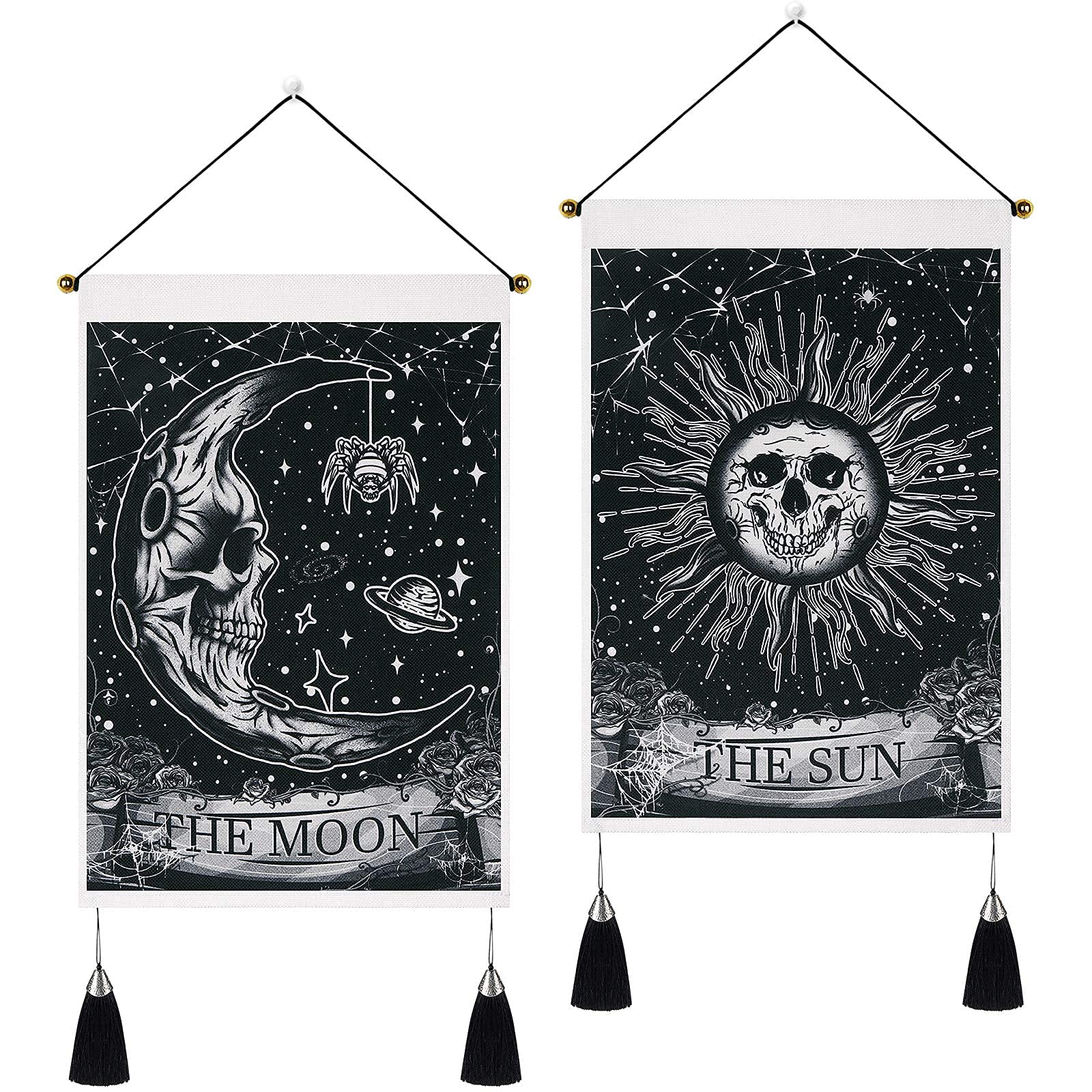 Yugarlibi Set of 2 Skeleton Small Tapestries with Tassels, Gothic Halloween Sun and Moon Wall Hanging, Black White Wall Art Tapestry for Bedroom Aesthetic, 35x50 cm