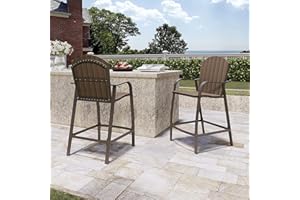 VredHom Outdoor Aluminum Bar Stools Set of 2, 2PCS Bar Height Chairs Patio Stools Wood Bar Chair Set with Brown Aluminum Frame, Armrest and Footrest for Balcony Pool Garden Lawn Deck Backyard