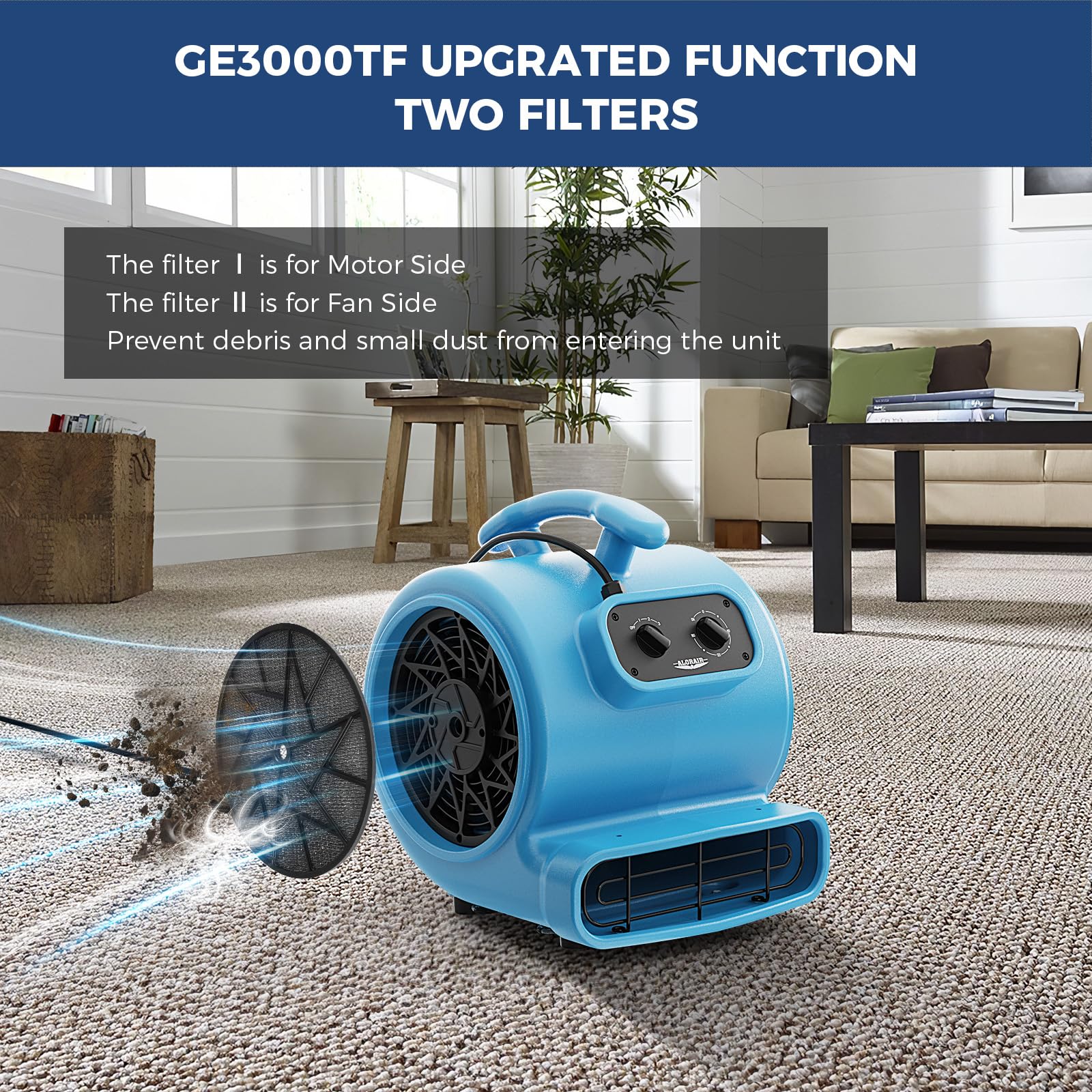 ALORAIR 3000 CFM Air Mover Blower Fan for Industrial, Floor Drying Fan, Carpet Dryer - Timer, Filter, Stackable, 3 Speeds, 5 Adjustable Angles, for Water Damage Restoration and Plumbing - GE3000TF