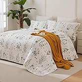 Sanracie 100% Cotton Oversized King Bedspread 128"x120", Soft Breathable Cottagecore Flower Extra Large Quilt 3Pcs Cute Shabby French Country Chic Botanical Floral Quilted Bedding Sets for All-Season