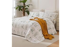 Sanracie 100% Cotton Oversized King Bedspread 128"x120", Soft Breathable Cottagecore Flower Extra Large Quilt 3Pcs Cute Shabby French Country Chic Botanical Floral Quilted Bedding Sets for All-Season