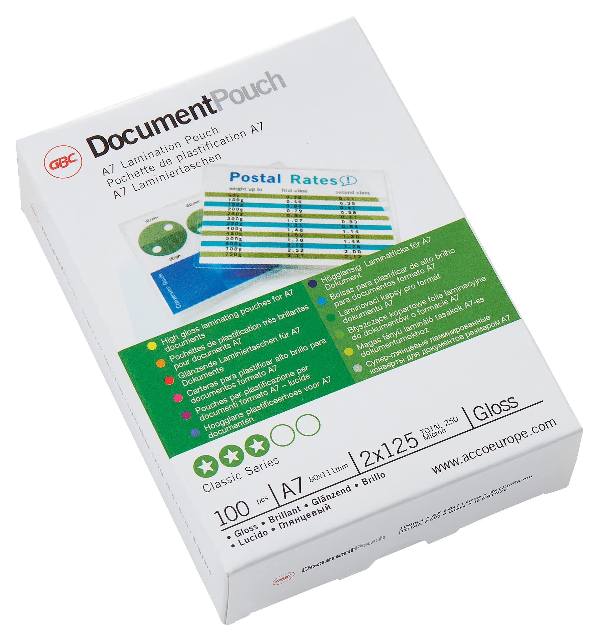 GBC IB581076 A7 2 x 125 Micron Gloss Laminating Pouches, Pack of 100