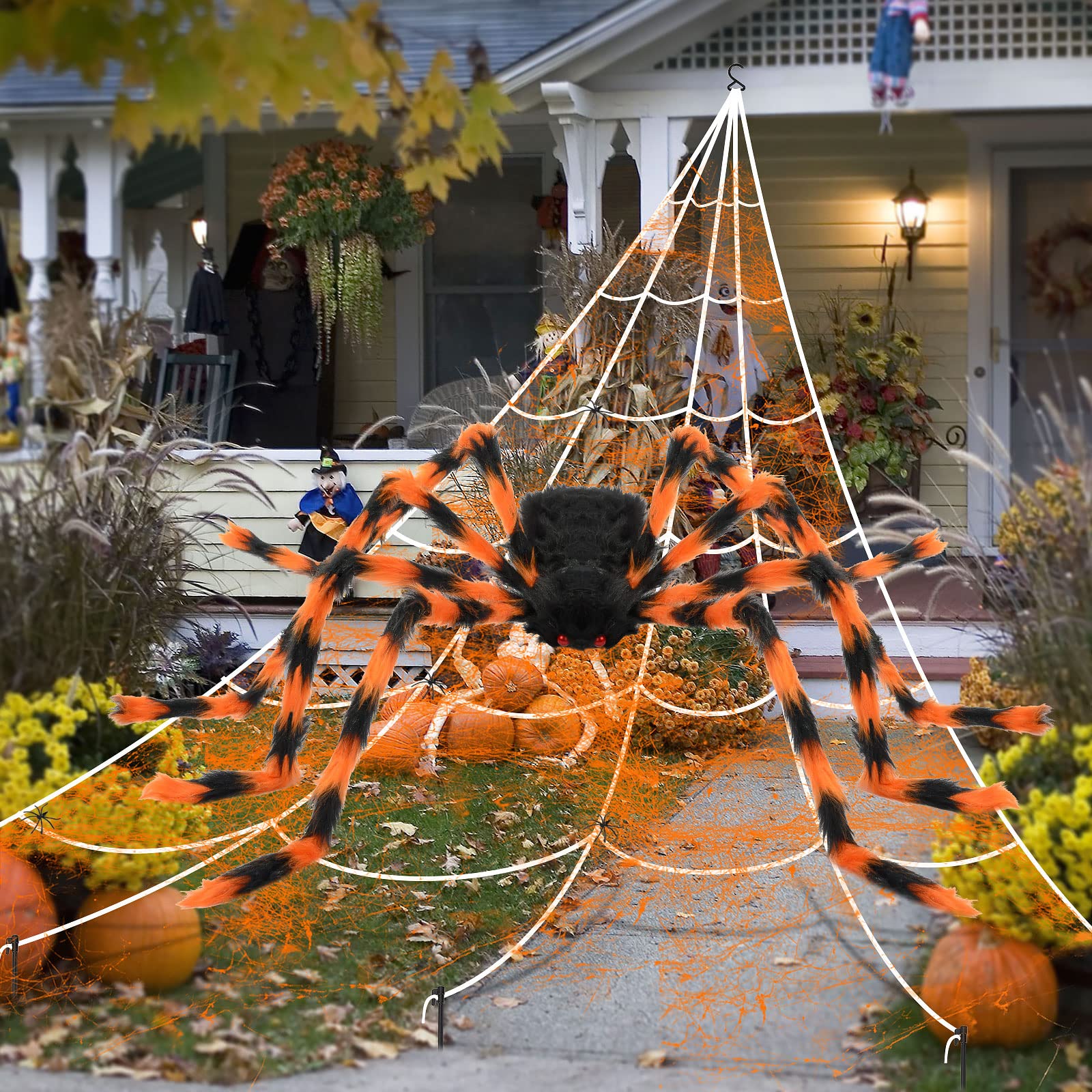 Halloween Decorations Spider Web, 50'' Giant Spider + 200'' Triangular Giant Spider Web and 20G Spider Web, Halloween Spider for Indoor Outdoor Scary Haunted House Spider Web Party Halloween Yard
