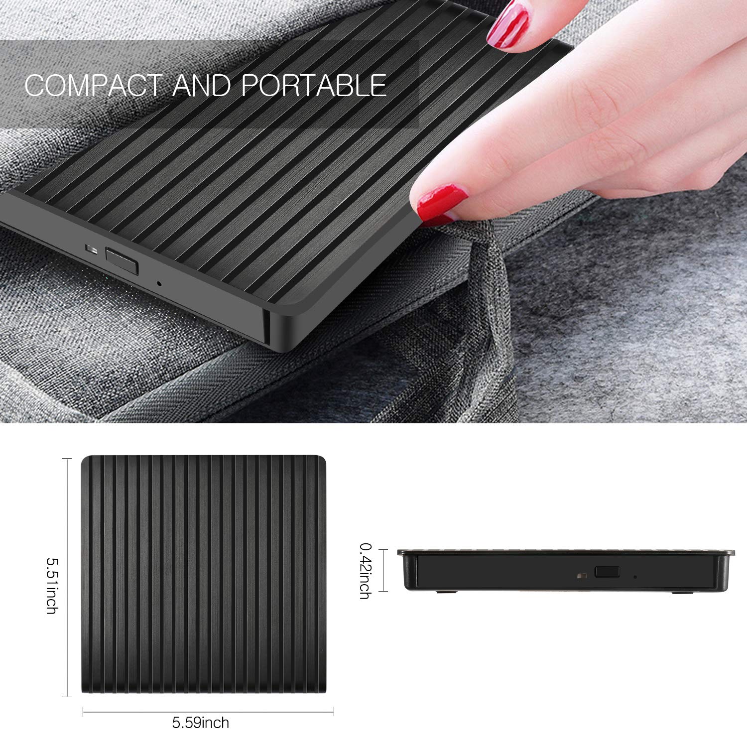 Lecteur de CD/DVD Externe, USB 3.0 Type C Double Port - AMIGIK Graveur d\'enregistreur Optique Portable, Transfert de Données à Grande Vitesse pour Ordinateur Portable PC Mac OS Windows Linux