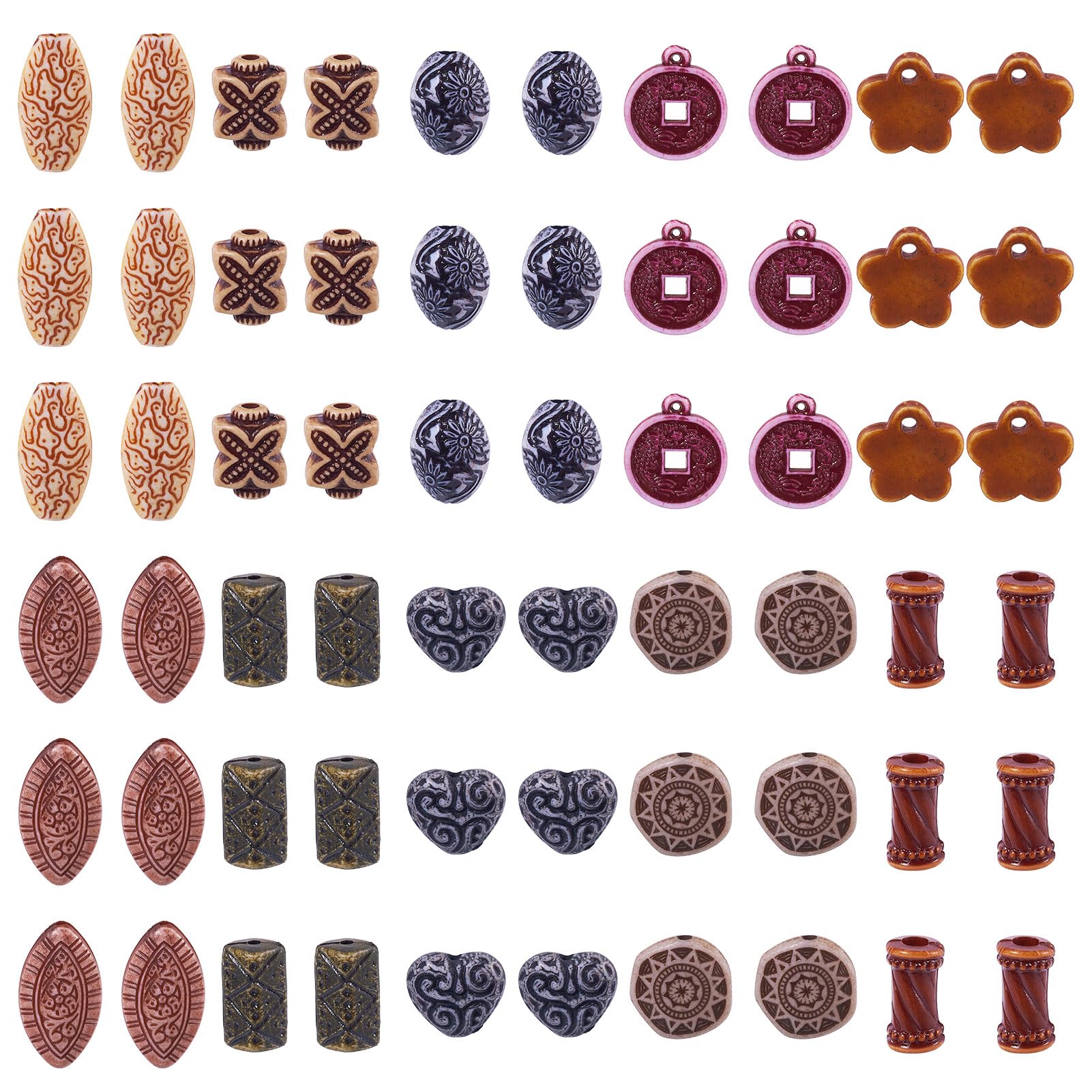 Crafans 100G Vintage Beads Oval Column with Flower Patterns Acrylic Spacer Beads Tibetan Styles Opaque Assorted Acrylic Charms Bulk for DIY Bracelet Jewelry Making