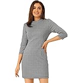 Allegra K Women's Mock Neck 3/4 Sleeve Slim Check Office Work Plaid Dress