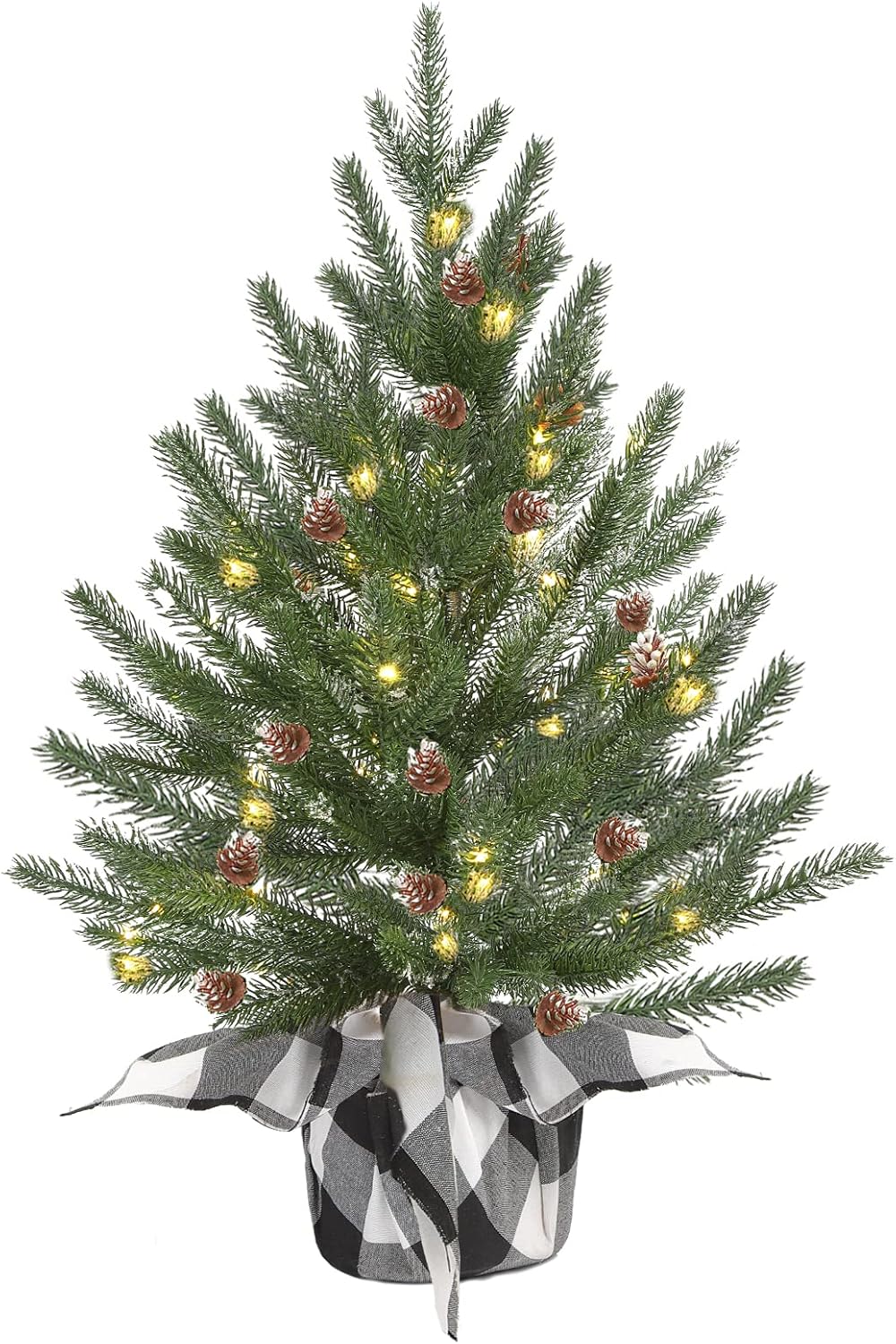 Trees - Vofuly 24 inch prelit Tabletop Mini Christmas Tree with 50 LED,Small Frosted Lighted Artificial Pine Tree with Buffalo Plaid Base,Pinecone Decoration,2 FT Miniature Xmas Tree Decor for Entry Door