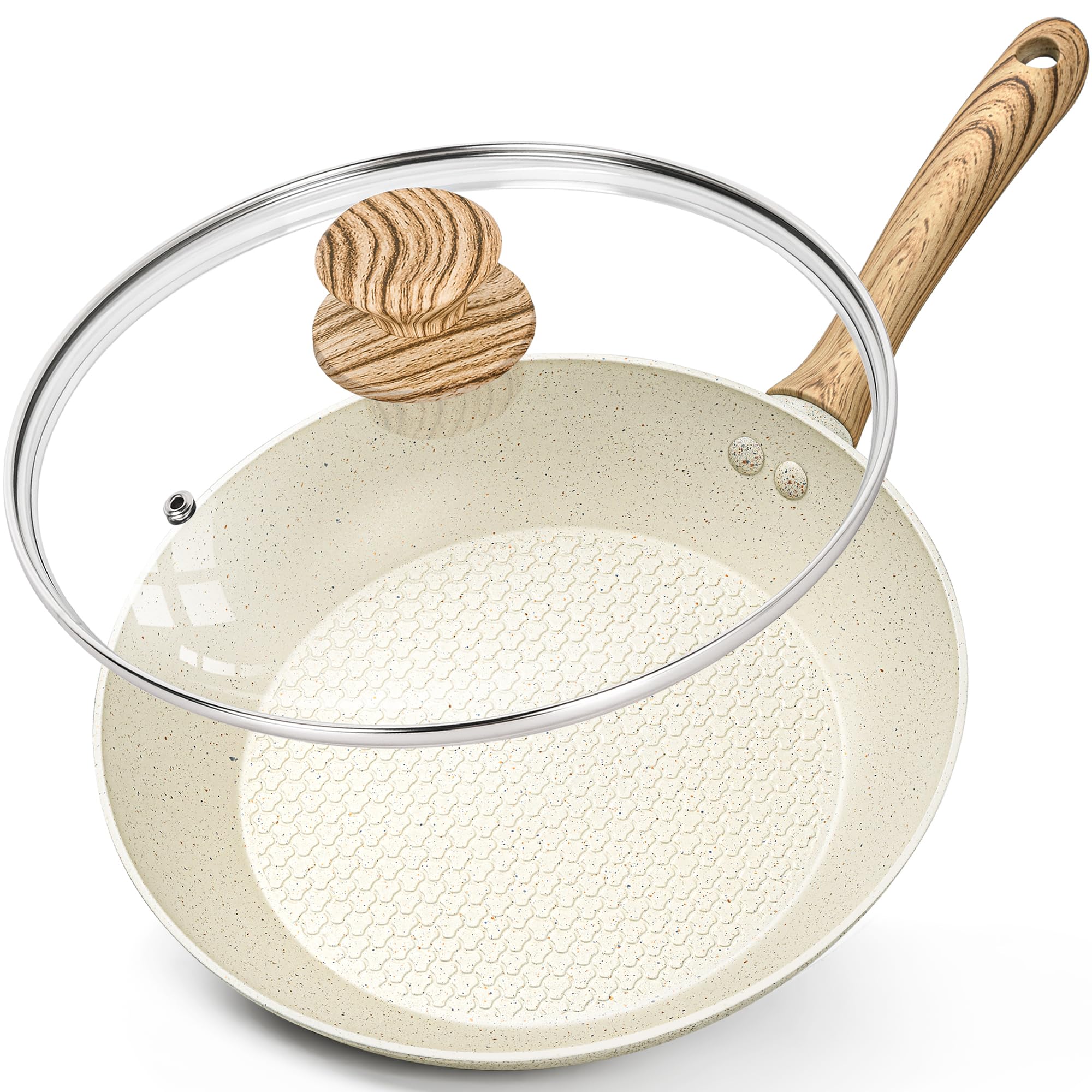 MICHELANGELO 20cm Frying Pan With Lid, Non-Stick Honeycomb Coating, Healthy & Non-Toxic Granite, Cream White