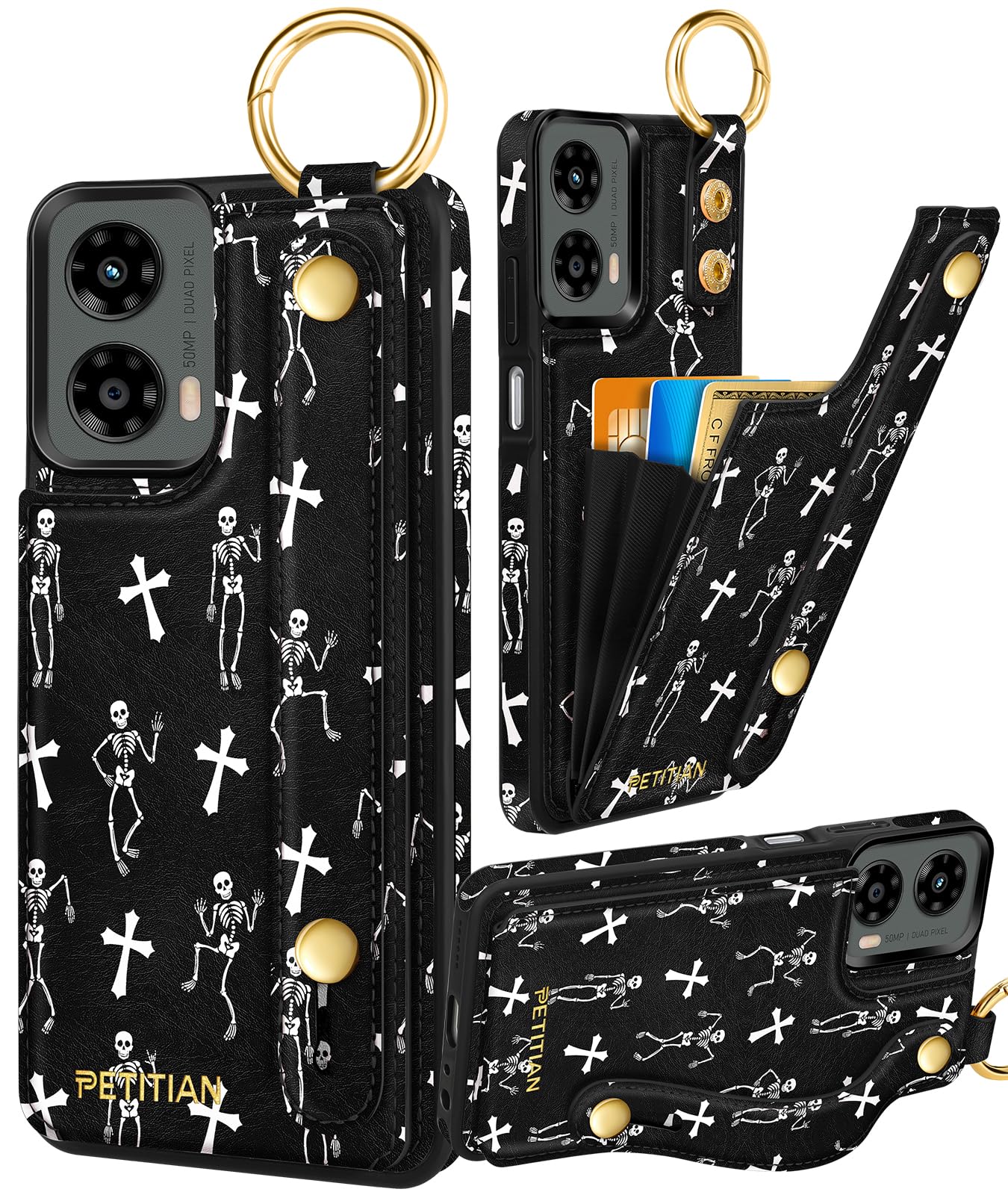 Petitian for Moto G 5G 2024 Case with Wallet - Women Girls Cute Girly Aesthetic Unique Design Leather Credit Card Holder Cardholder Stand Wristband for Motorola G 5G 2024, Skull
