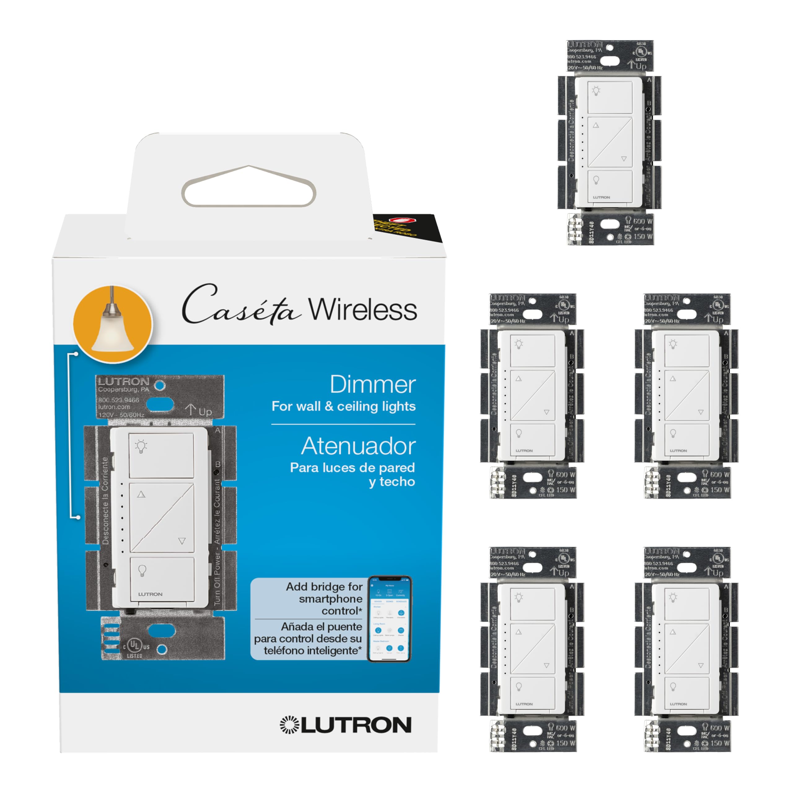 Photo 1 of Lutron Caseta Original Smart Dimmer Switch (Lutron Smart Hub Required), for LED Lights, 150 Watt, Single-Pole/3-Way, No Neutral Required, PD-6WCL-WH, White, 5 Pack