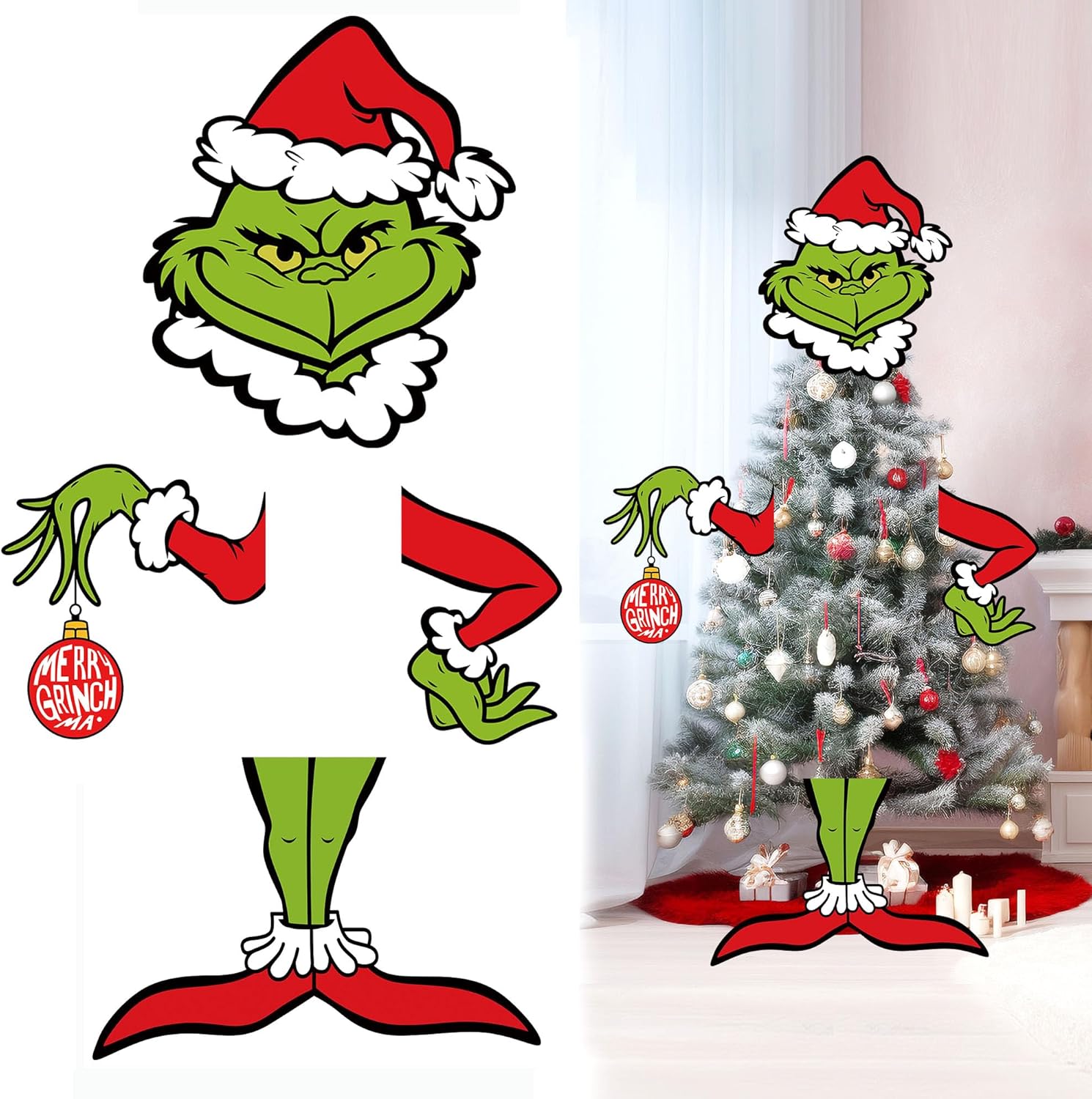 Tree Toppers - HPQ Grinchmas Christmas Tree Decorations,Funny Christmas Tree Topper Christmas Decor, Christmas Elf Body Tree Decorations,Elf Arms Head and Legs,Very Innovative Christmas Family Party Decorations