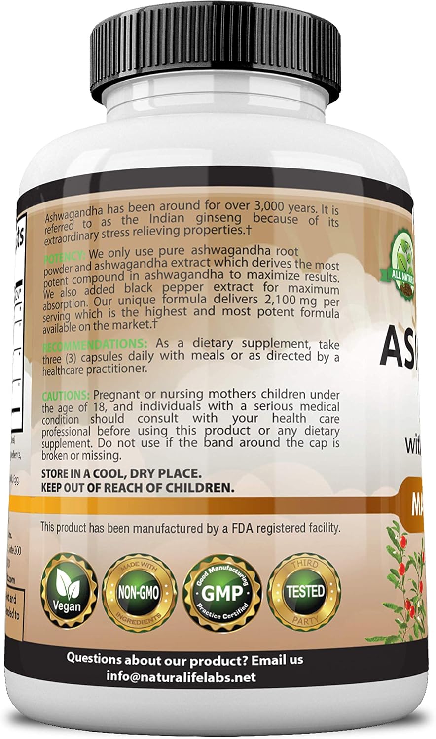 Organic Ashwagandha 2,100 mg - 100 Vegan Capsules Pure Organic Ashwagandha Powder and Root Extract - Natural Anxiety Relief, Mood Enhancer, Immune & Thyroid Support, Anti Anxiety: Health & Personal Care