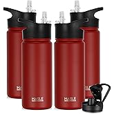 HASLE OUTFITTERS Insulated Water Bottle 16 oz Double Wall Vacuum Stainless Steel Water Bottle Leak Proof for School Wide Mouth with Straw Lid & Spout Lid Keeps Cold and Hot(Red,4pack)