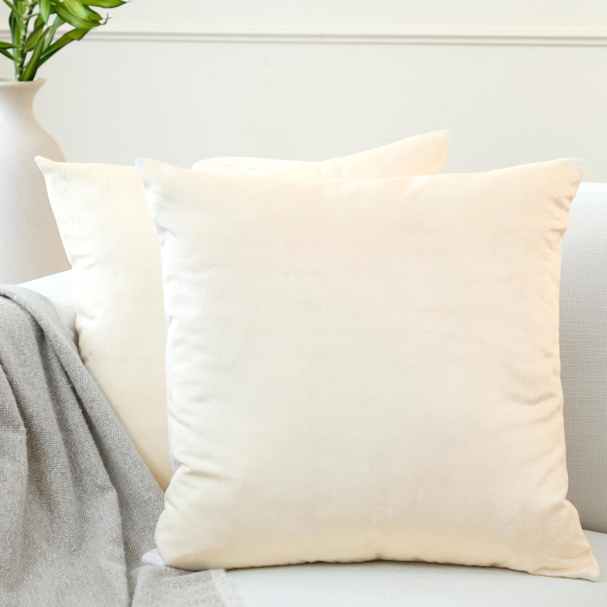 Encasa XO Velvet Cushion Covers (40x40 cm) Set of 02 | Cream | Luxurious Square Velvet Throw Pillow Covers With Invisible Zippers | Living Room, Sofa, Chair