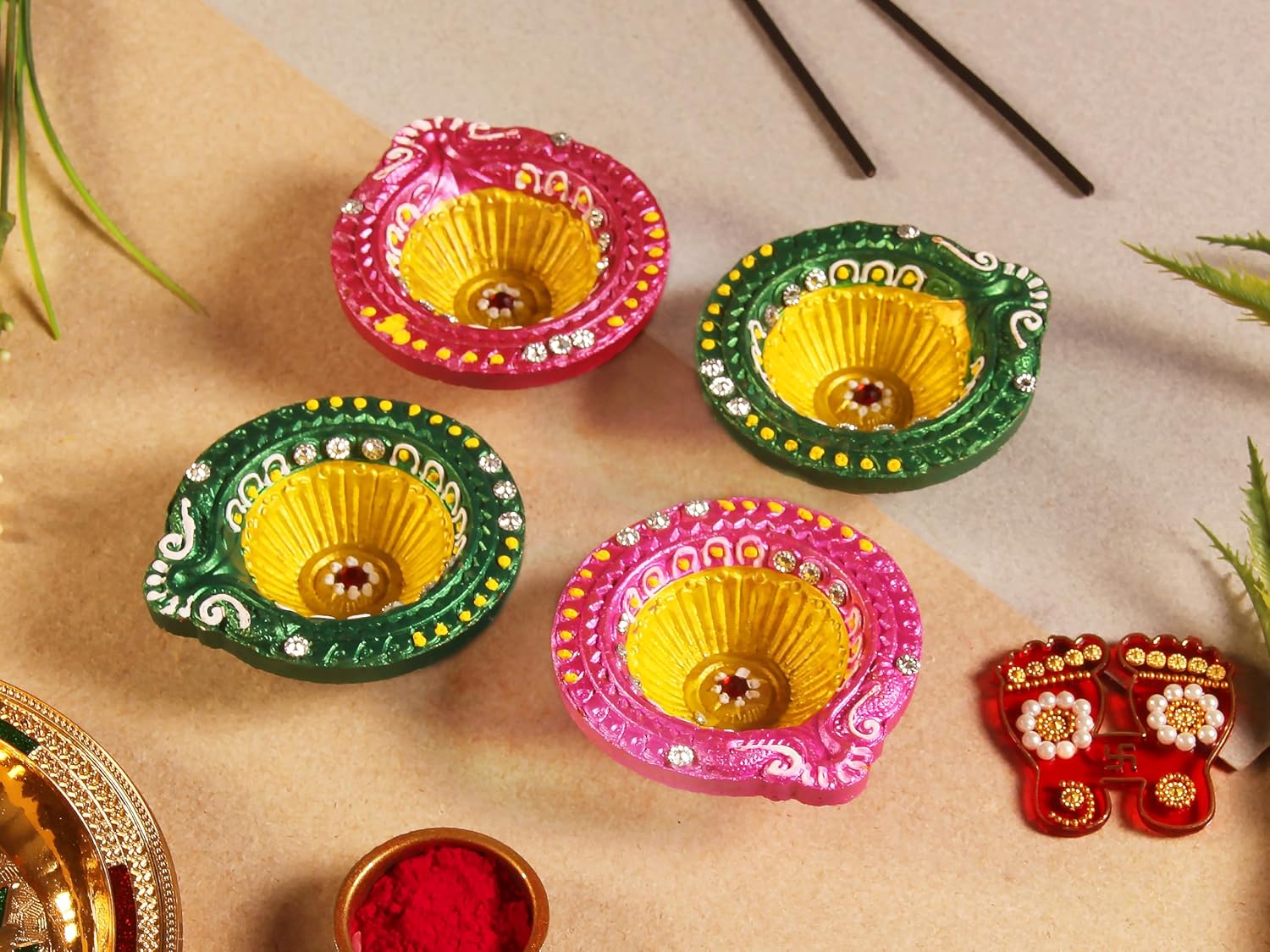Oil Lamps & Accessories - Handmade Terracoaat Set of 4 Green & Pink Clay Diya for Diwali/Navratri Decorations Oil Lamp Diwali Clay Diya Tea Light Holder Indian Decor Festival Gifts Puja Items