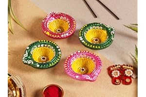 ARTISENIA Handmade Terracoaat Set of 4 Green & Pink Clay Diya for Diwali/Navratri Decorations Oil Lamp Diwali Clay Diya Tea Light Holder Indian Decor Festival Gifts Puja Items