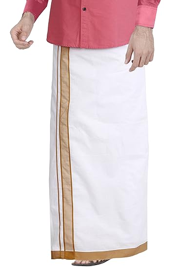 Men's White Dhoti 3.6 Meter, cotton with Beige color border