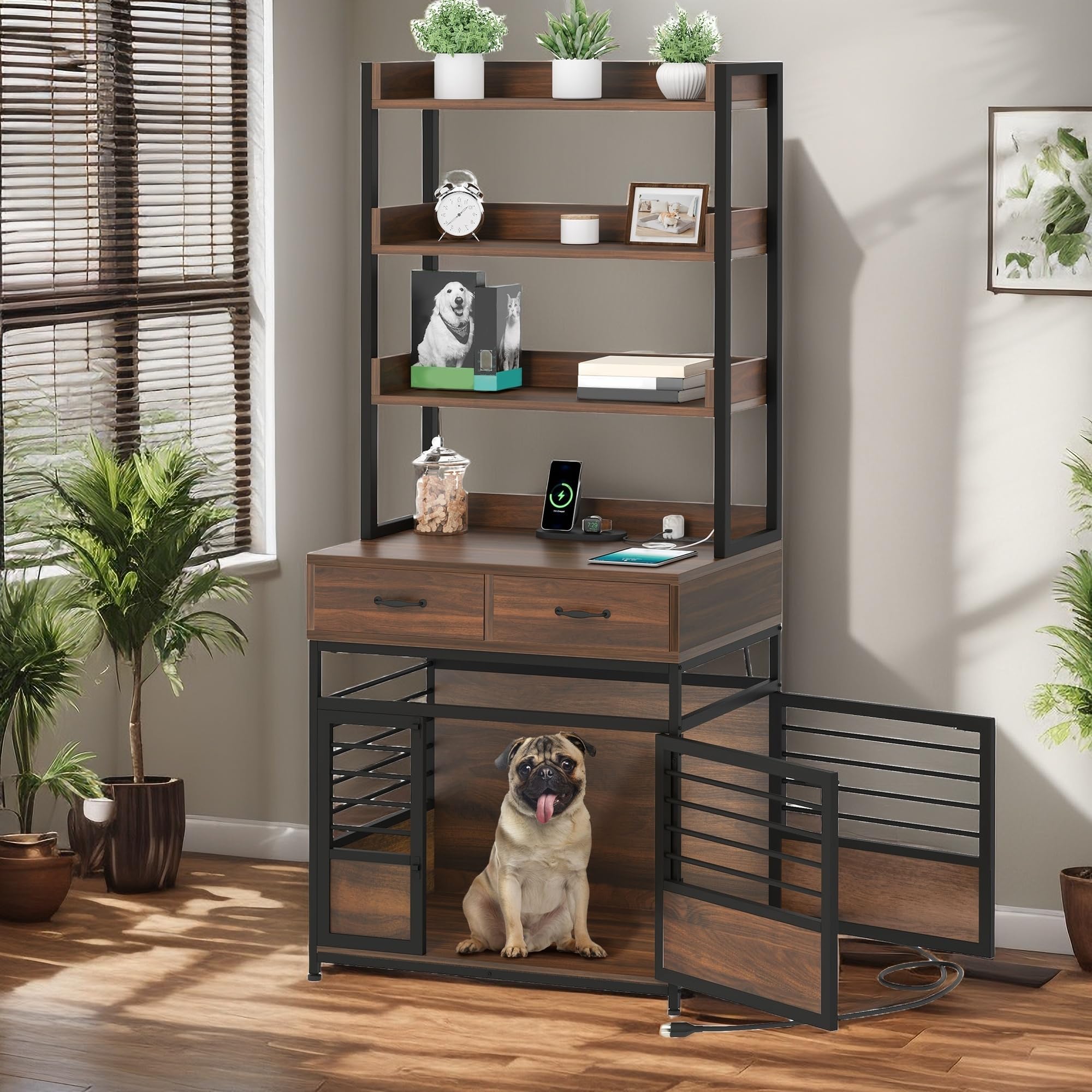 Photo 1 of ** FOR PARTS MISSING PIECES/BROKEN CORNERS** YITAHOME 32 Inch Dog Crate Furniture with Storage Shelves, Wooden Dog Crate for Large Dogs with Power Outlets, Dog Kennel Indoor Farmhouse Decorative Dog Cage with Double-Doors Drawers, Rustic Brown