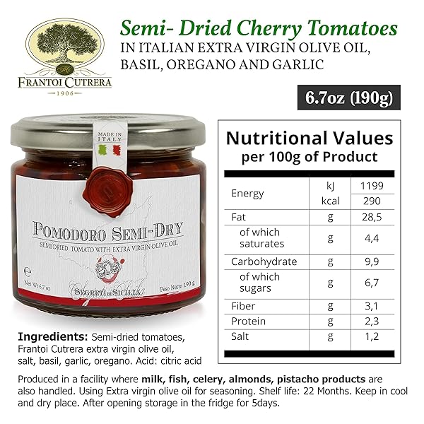 FRANTOI CUTRERA – POMODORINO SEMI SECCO – SEMI-DRIED CHERRY TOMATOES IN EXTRA VIRGIN OLIVE OIL, PRODUCT OF ITALY, 6.7OZ