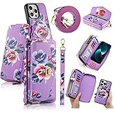 LITOU Compatible for iPhone 16 Pro Max Crossbody Wallet Purse Phone Case with Detachable Magnetic,RFID Blocking Card Holder,Zipper Leather Wallet Wrist Lanyard Strap Case for Women.PurpleFlower