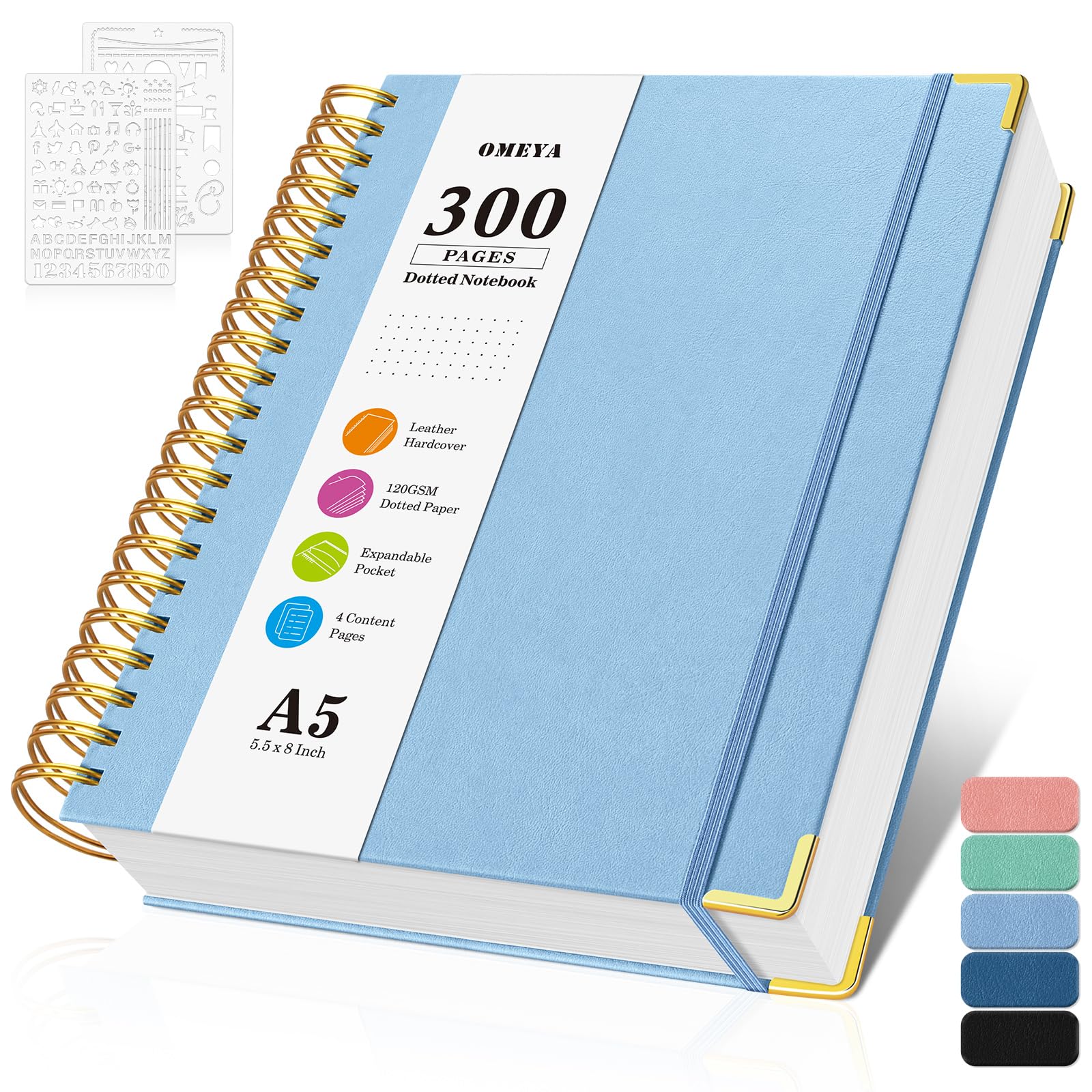 Photo 1 of Dotted Journal Spiral Notebook, 300 Pages Leather Notebooks with Contens, 120 GSM Thick No Bleed Through Paper Journals, A5 Dot Grid Notebook for Women Men Work Writing, 5.5" x 8", Light Blue