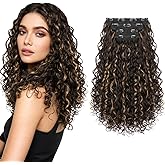FLUFYMOOZ Clip in Hair Extensions, 18'' 4PC 100% Pure Protein Silk Curly Hair extension for Women Lace Weft Hairpiece Natural Soft and comfortable for Daily Use-Brown with Deep Blonde Highlights