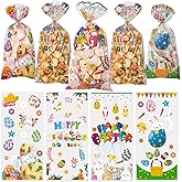 QOIUSO Easter Treat Bags: 50pcs Clear Easter Cellophane Bags for with Twist Ties for Party Supplie Goodies Candy Cookies and Gift Wrappings, 4 Style for Kids