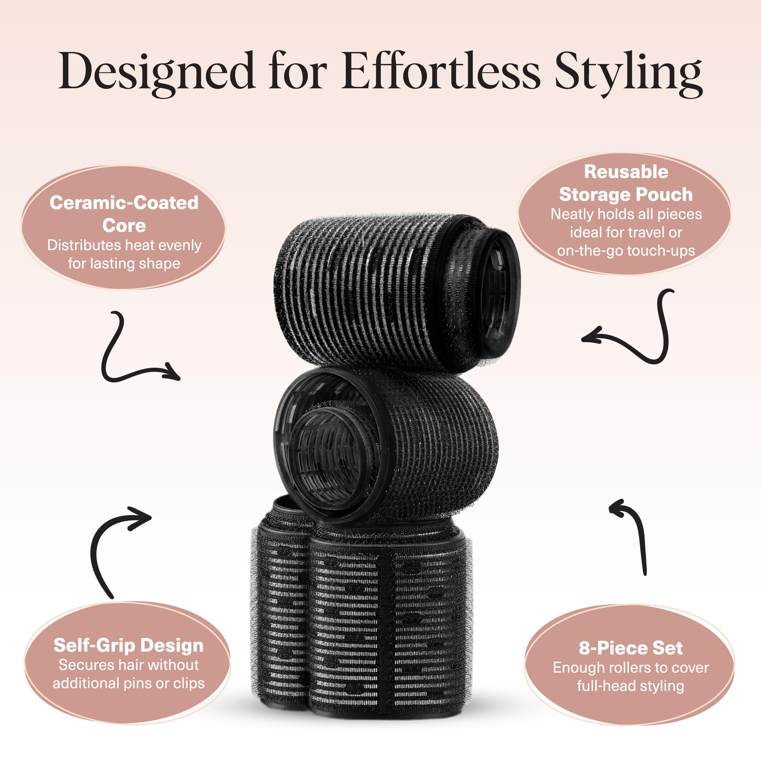 Kitsch Ceramic Thermal Hair Rollers for Women – Self Grip Hair Curlers for Heatless Curls Overnight - Volumizing Large Rollers for Short & Long Hair - For Long Lasting Frizz-Free Curls - Black, 8pcs