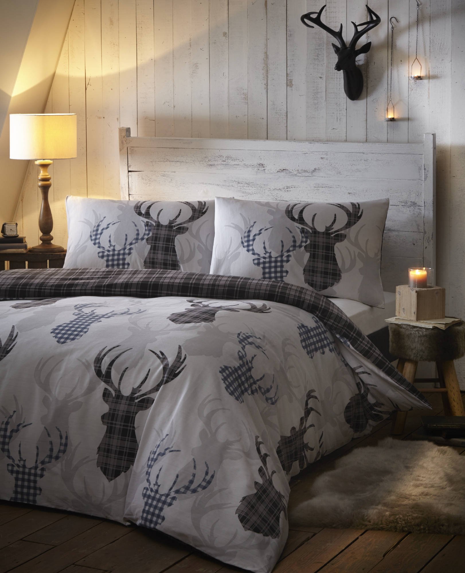 Tartan Check Stag Rein Deer Duvet Quilt Cover 3 pieces, Double Bedding Bed Set Grey Black