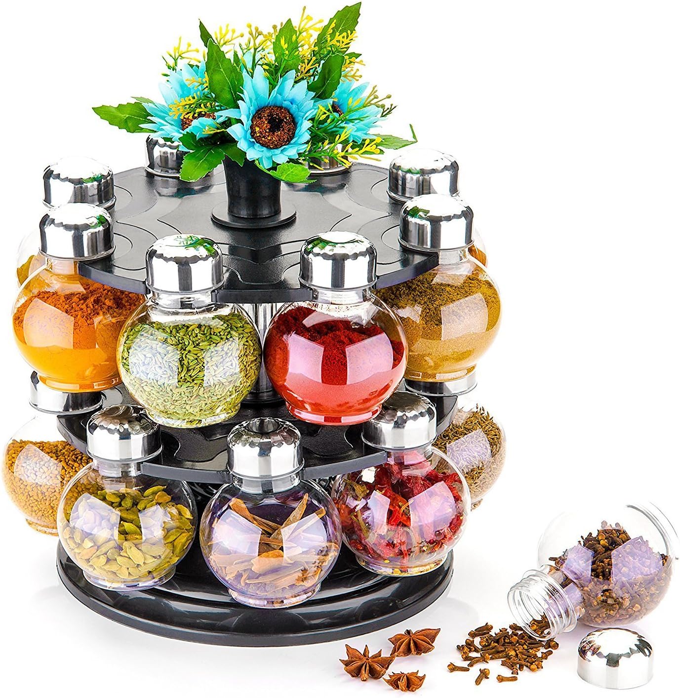 Machak Big Revolving Plastic Spice Rack Condiment Set, 16 in1 | 300ml | Siver Finish | Clear