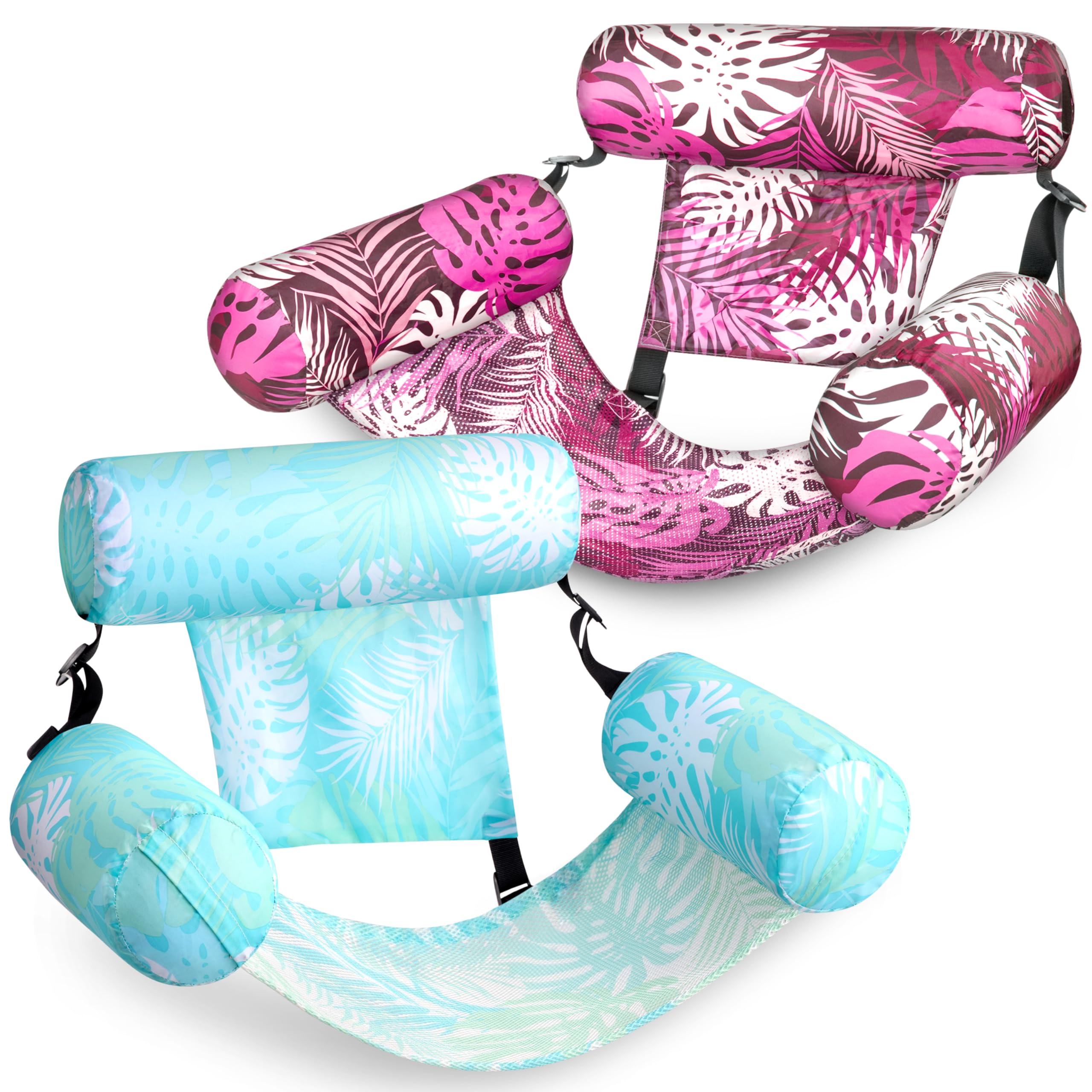 SLOOSH Inflatable Pool Floats Adult,2 Packs Floating Lounge Chairs,Blow up Pool Noodles for Adult Heavy Duty,Floating Chair for Party Summer Water Beach Lake Fun, Tropical Leaves-Cyan, Pink