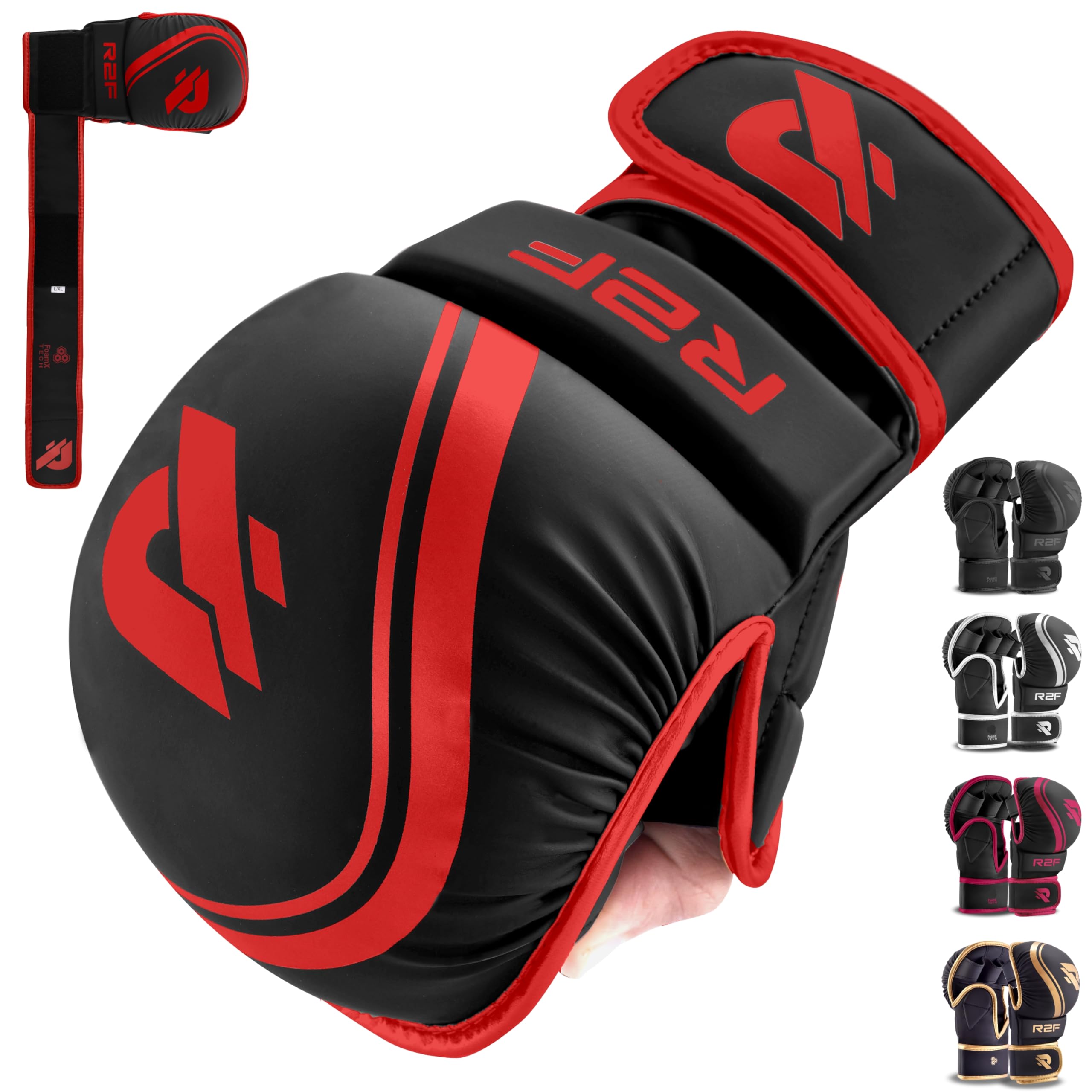 R2F MMA Gloves Grappling Training Sparring Fighting, Martial Arts Open Palm Mitts Men Women, Adjustable Wrist Support Vegan Leather, UFC Cage Fighting Combat Sports Boxing, Muay Thai