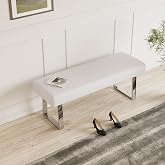 JIEXI 45.3" White PU Leather Bench Footstool with Heavy Duty Metal Legs | Thick Padded Cushion, Plated Sturdy Metal Frame, for Living Room Dining Room Entryway Window Sill