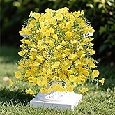 Silinlu 4 PCS Artificial Fake Hanging Flowers Plants for Outdoor Summer Decoration,Faux Silk Morning Glory with Eucalyptus Leaves,UV Resistant Look Real for Outside Home Porch Decor (Yellow)